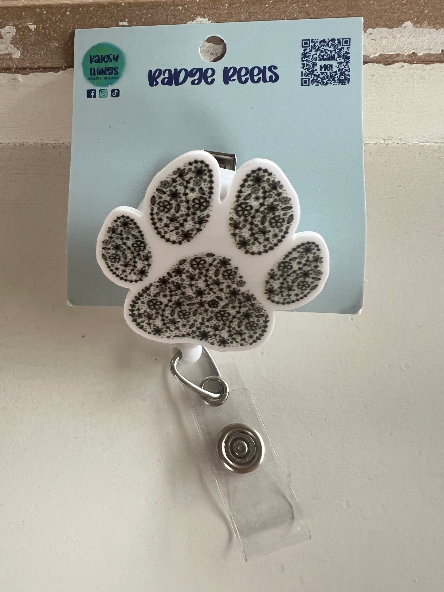 Black Floral Paw Print Badge Reel