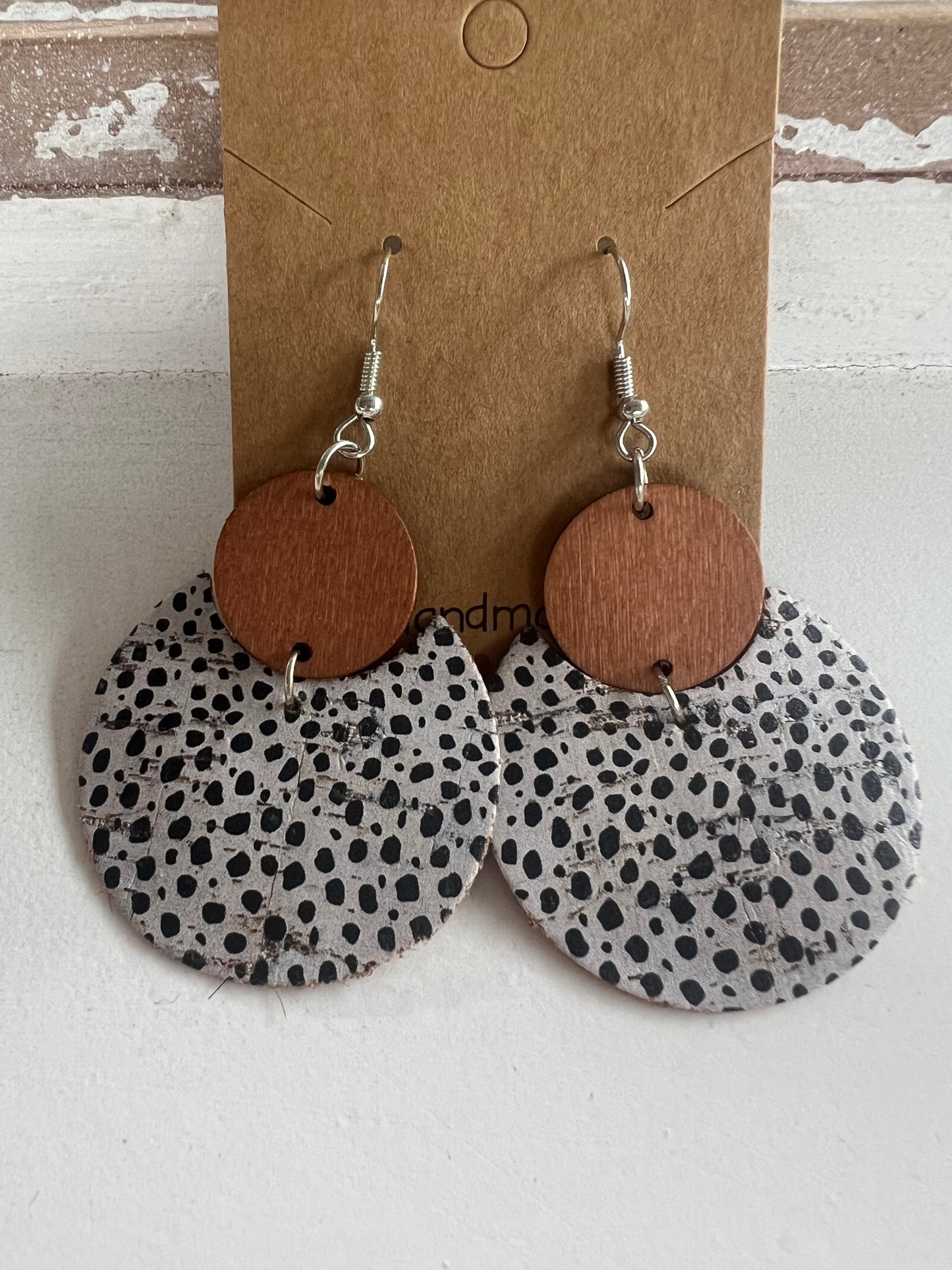 Wood and Leather Black Deco Round Earrings