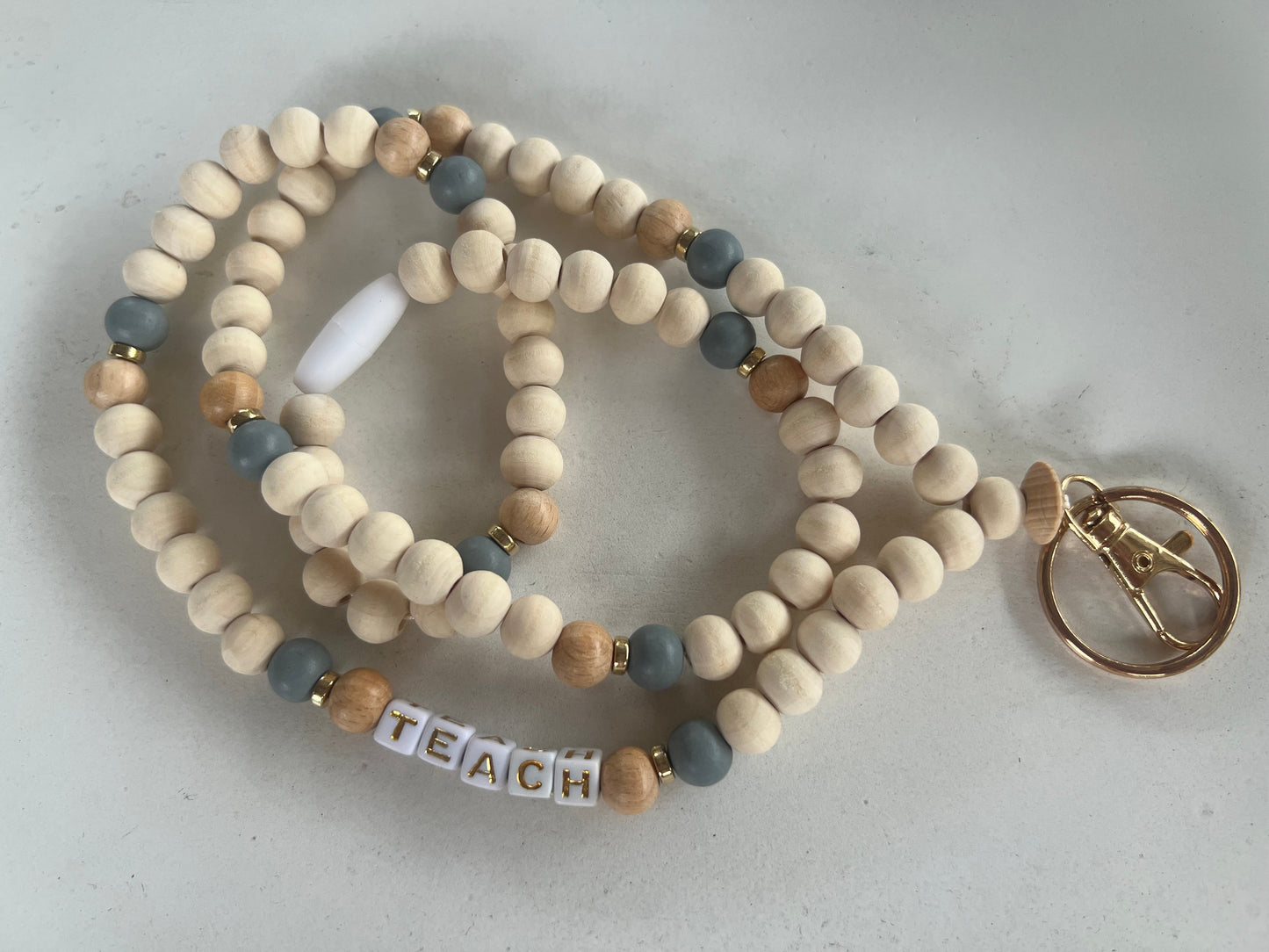 Teach Grey and Wood Beaded Lanyard