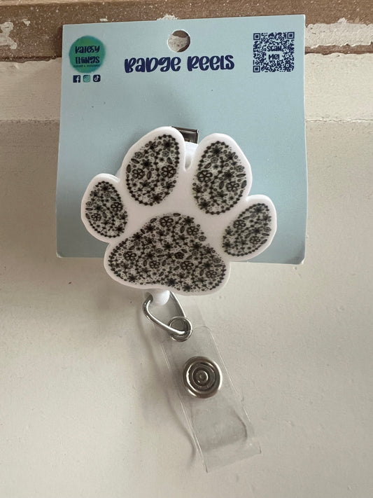 Black Floral Paw Print Badge Reel