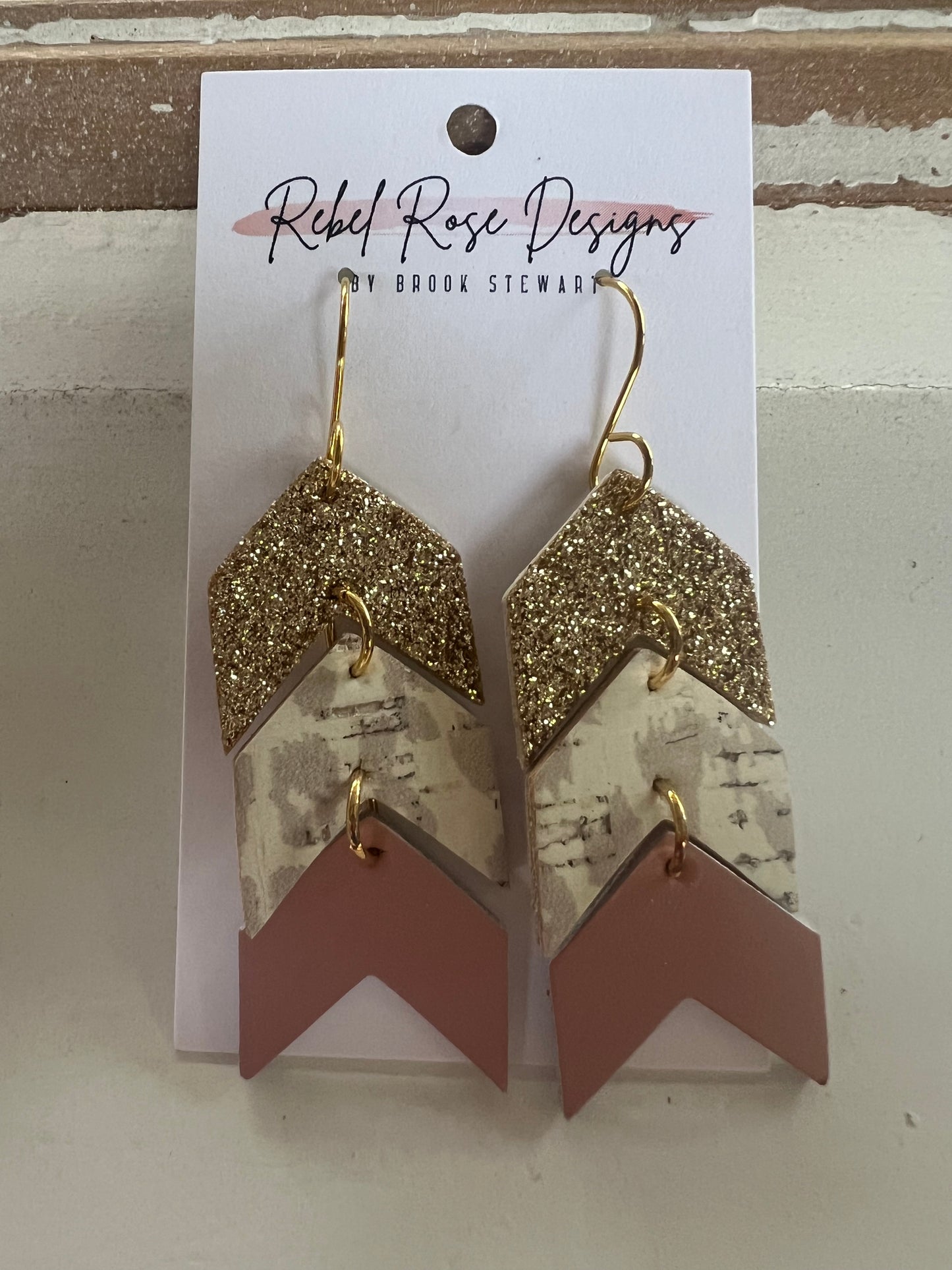 Chevron Gold Cheetah and Dusty Pink Earrings